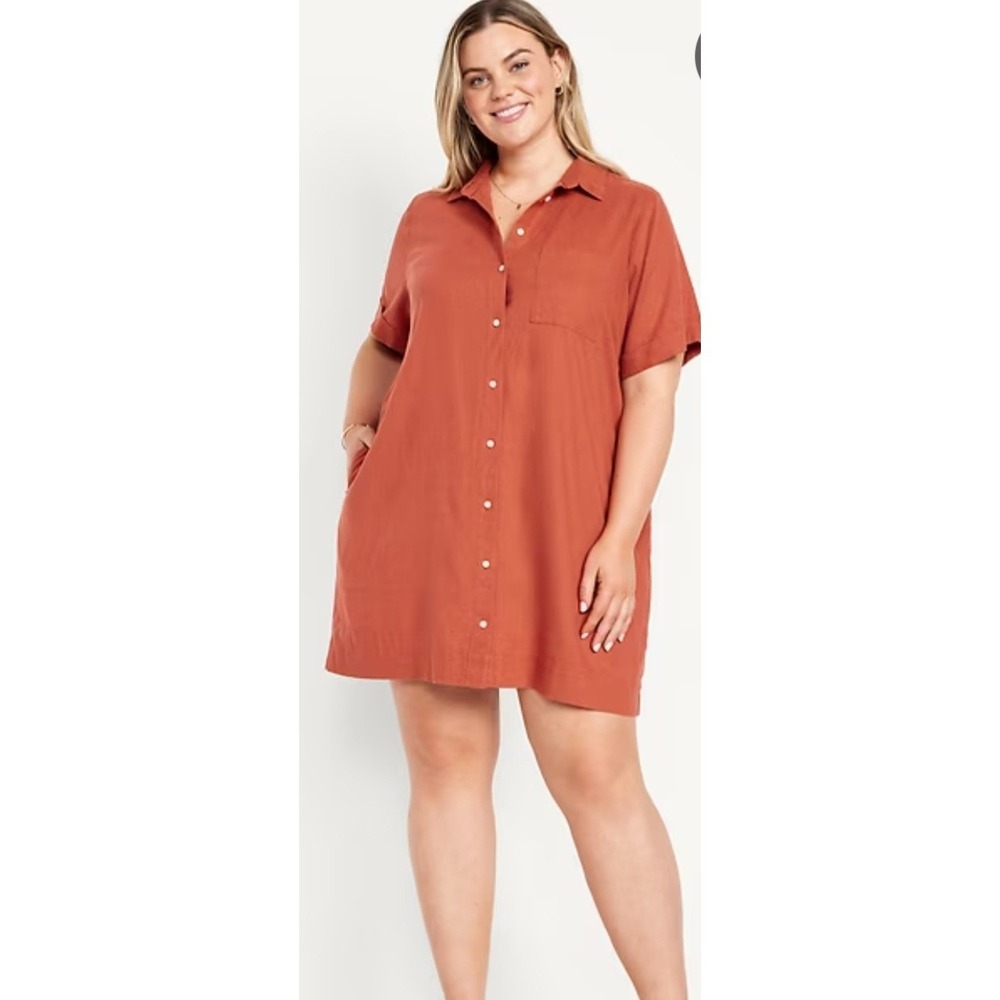 Old Navy Short Sleeve Linen Blend Shirt Dress Gingerspice Sz‎ Small